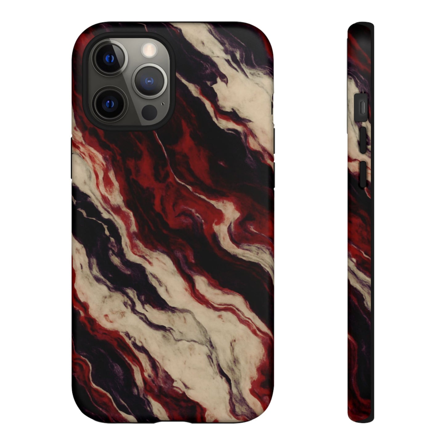 NecroGrip “Fascia” impact-resistant phone case with red, bone, and black marbled streaks, abstract muscle-like pattern on a slim dual-layer shell.