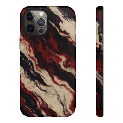 NecroGrip “Fascia” impact-resistant phone case with red, bone, and black marbled streaks, abstract muscle-like pattern on a slim dual-layer shell.