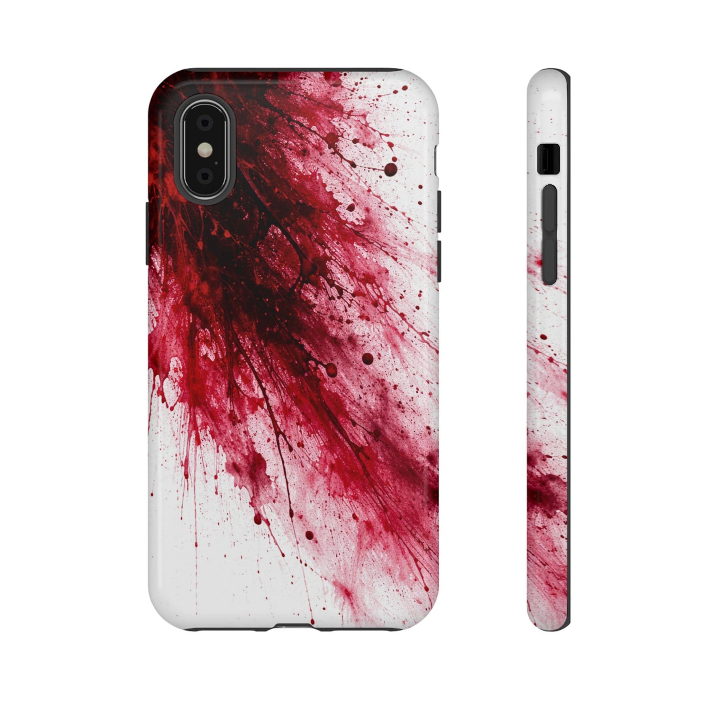 Phone case with red and white abstract design on a white background