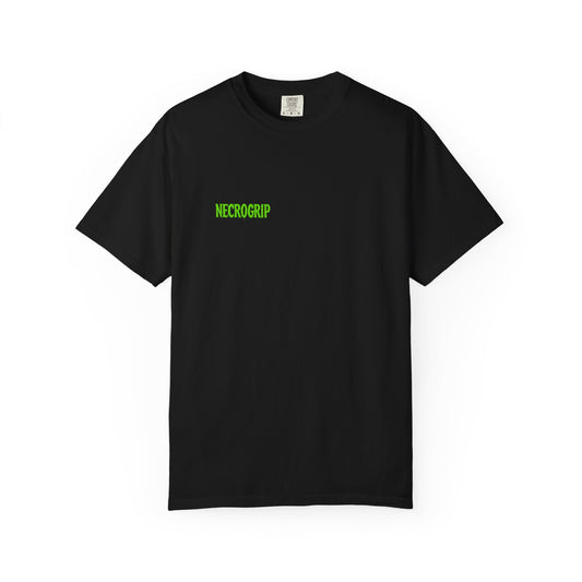 ROT STEADY Comfort Colors t-shirt with NecroGrip logo on front pocket, black tee