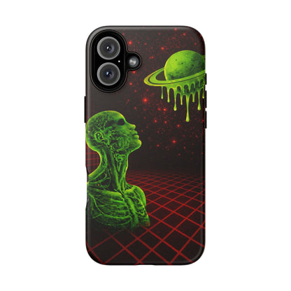 Glowing green anatomical bust gazing up at a dripping Saturn-like planet over a red grid and star-speckled space background on a black phone case.