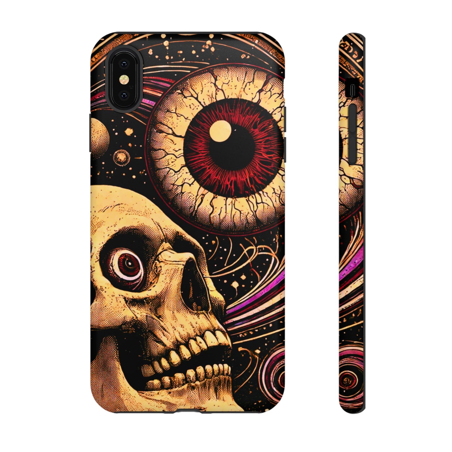 Impact-resistant tough phone case featuring a dark cosmic skull and eye design on a durable dual-layer shell by NecroGrip.