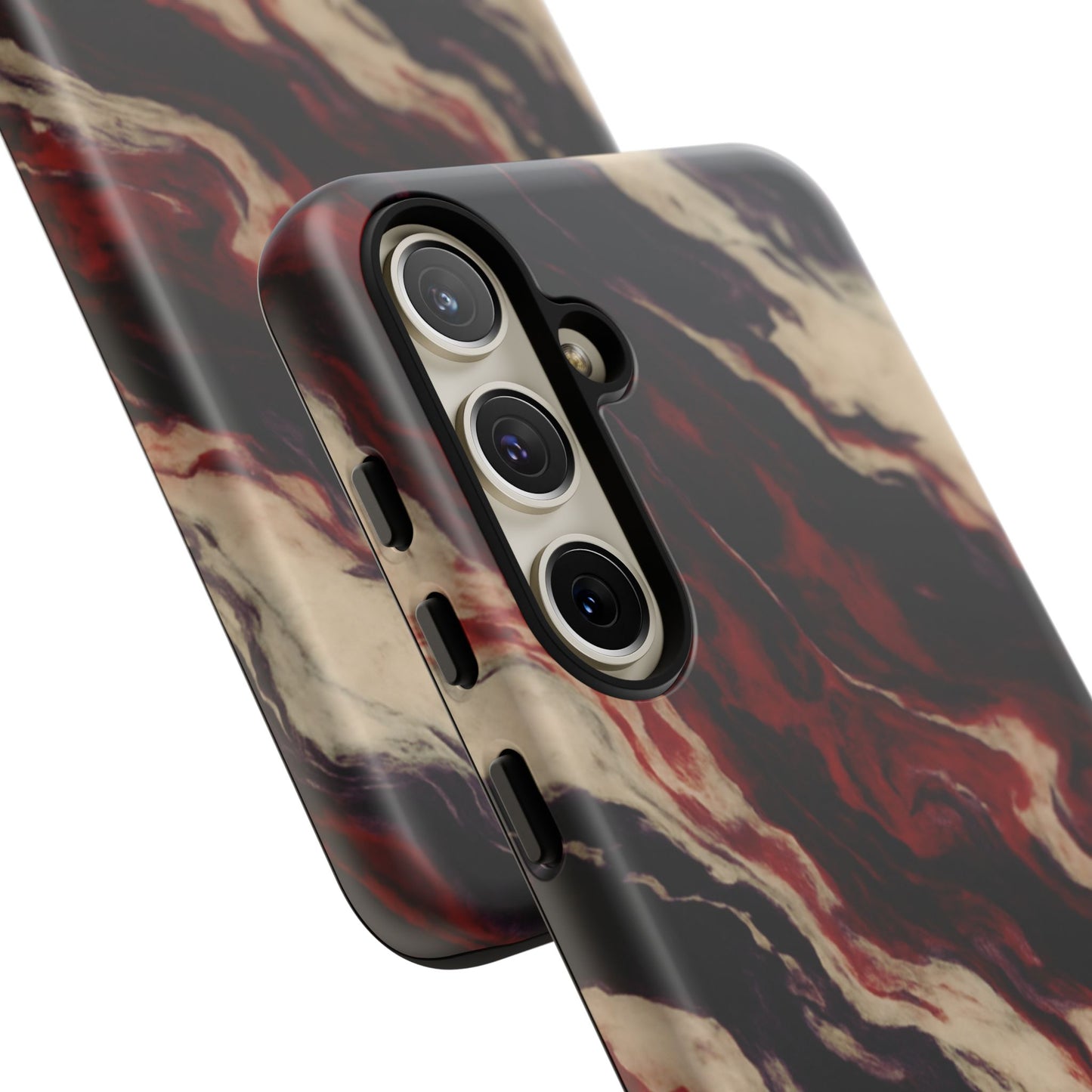 NecroGrip “Fascia” impact-resistant phone case with red, bone, and black marbled streaks, abstract muscle-like pattern on a slim dual-layer shell.