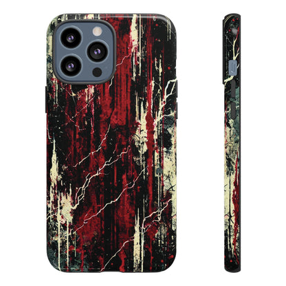 Corrosive impact-resistant phone case with distressed red, black, and bone-white design for iPhone, Samsung, and Google Pixel by NecroGrip.