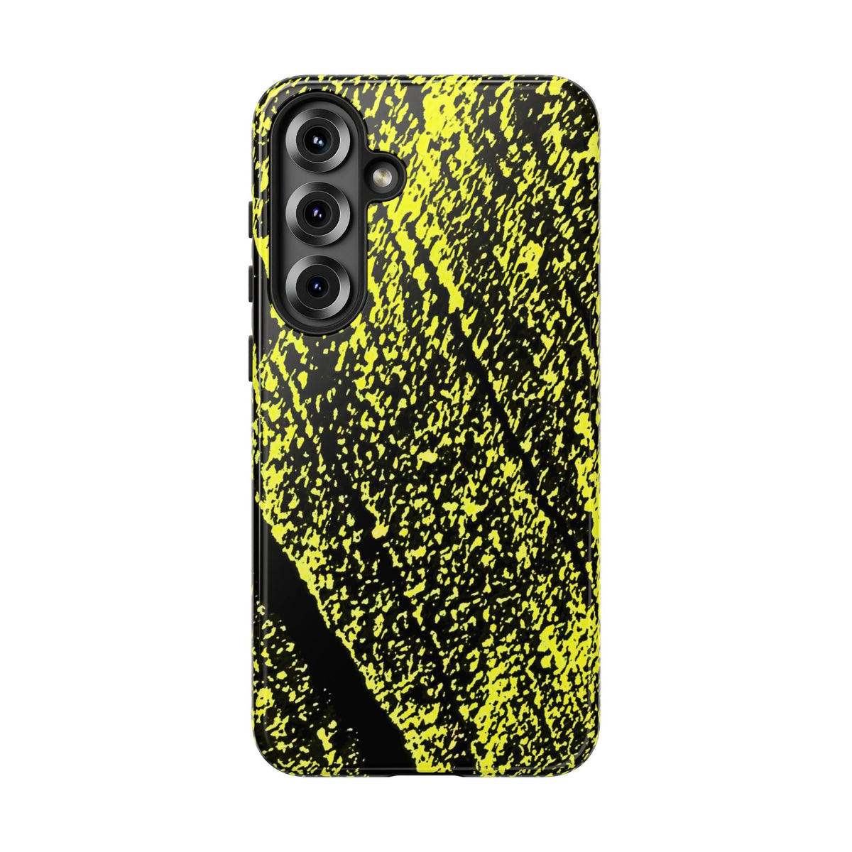 A protective phone case featuring a high-contrast black and neon yellow abstract textured pattern, shown on a plain white background.