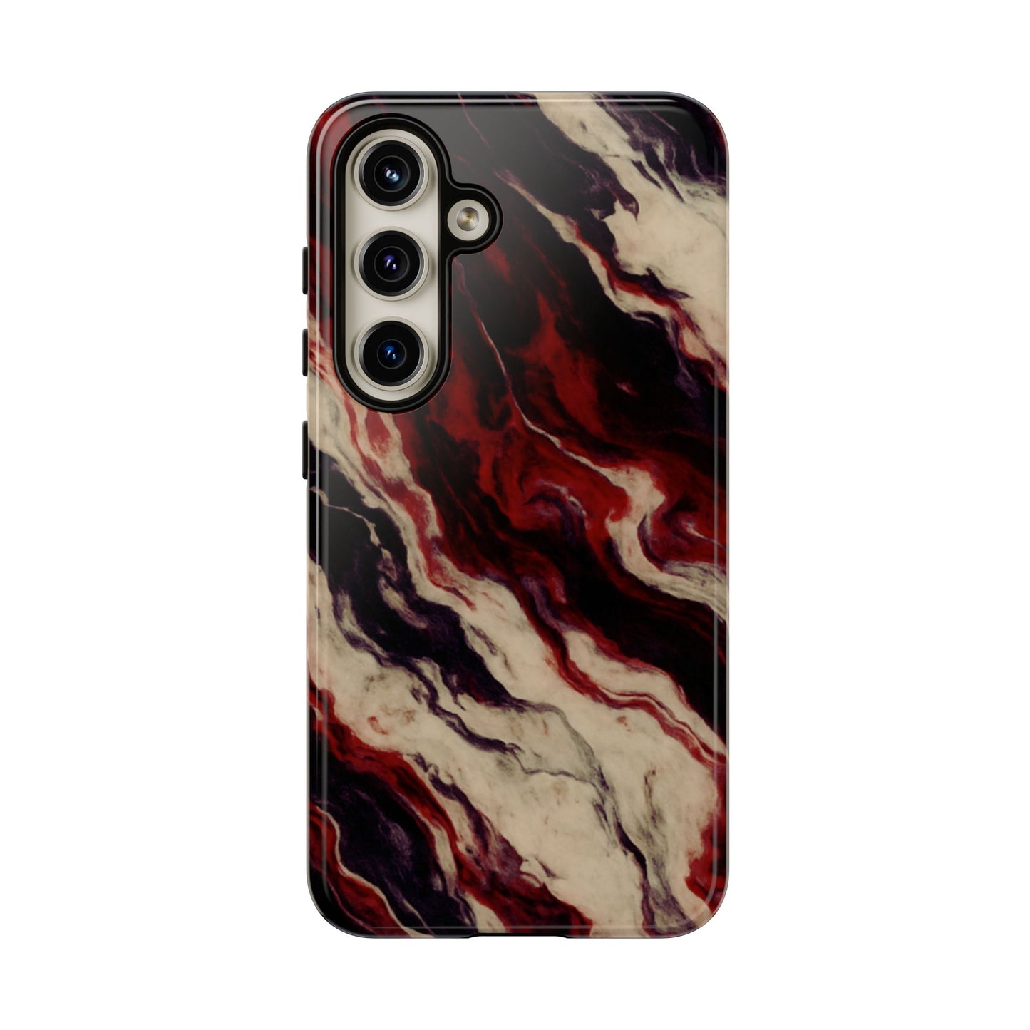 NecroGrip “Fascia” impact-resistant phone case with red, bone, and black marbled streaks, abstract muscle-like pattern on a slim dual-layer shell.