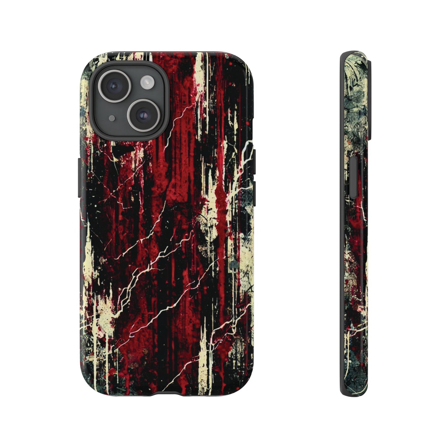 Corrosive impact-resistant phone case with distressed red, black, and bone-white design for iPhone, Samsung, and Google Pixel by NecroGrip.