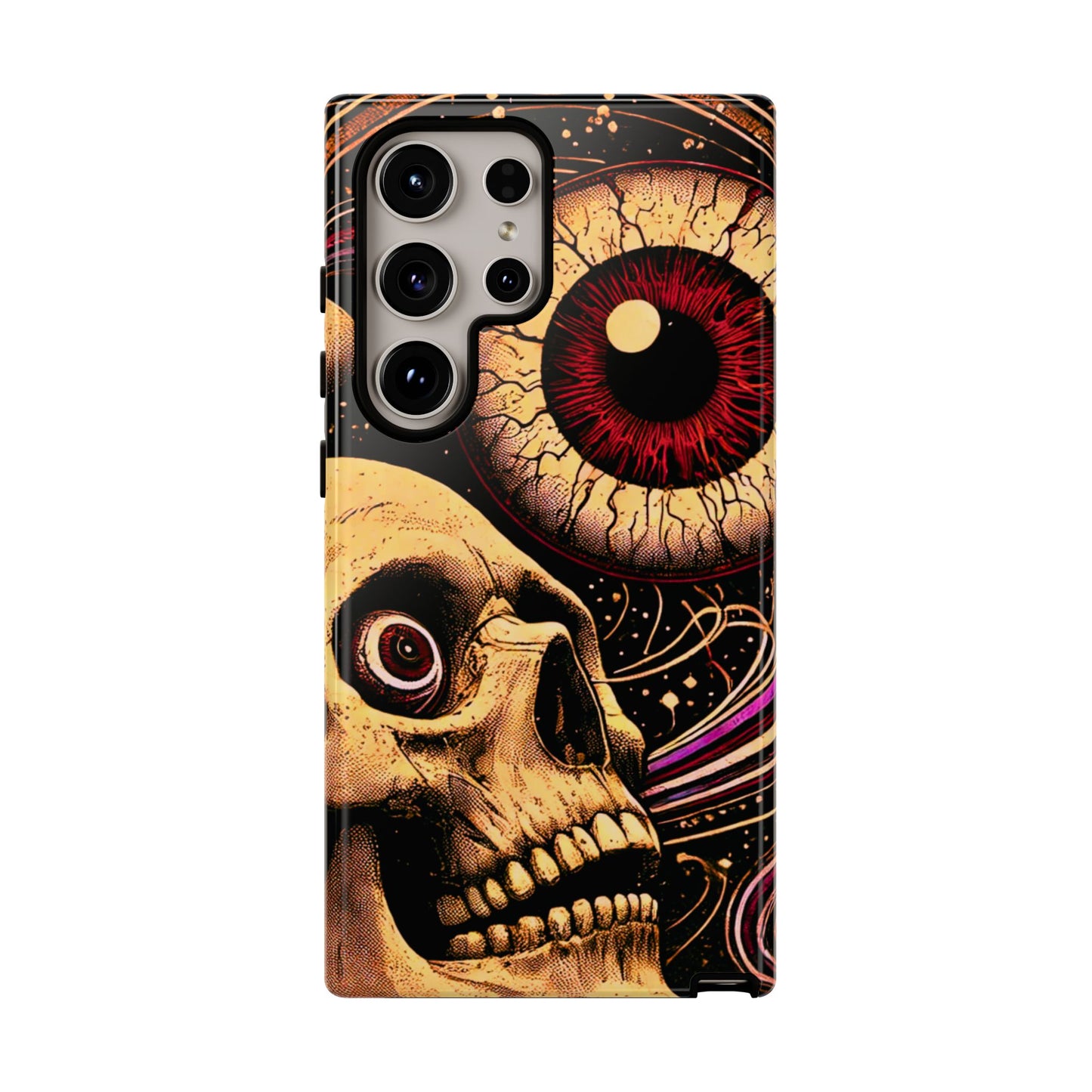 Impact-resistant tough phone case featuring a dark cosmic skull and eye design on a durable dual-layer shell by NecroGrip.