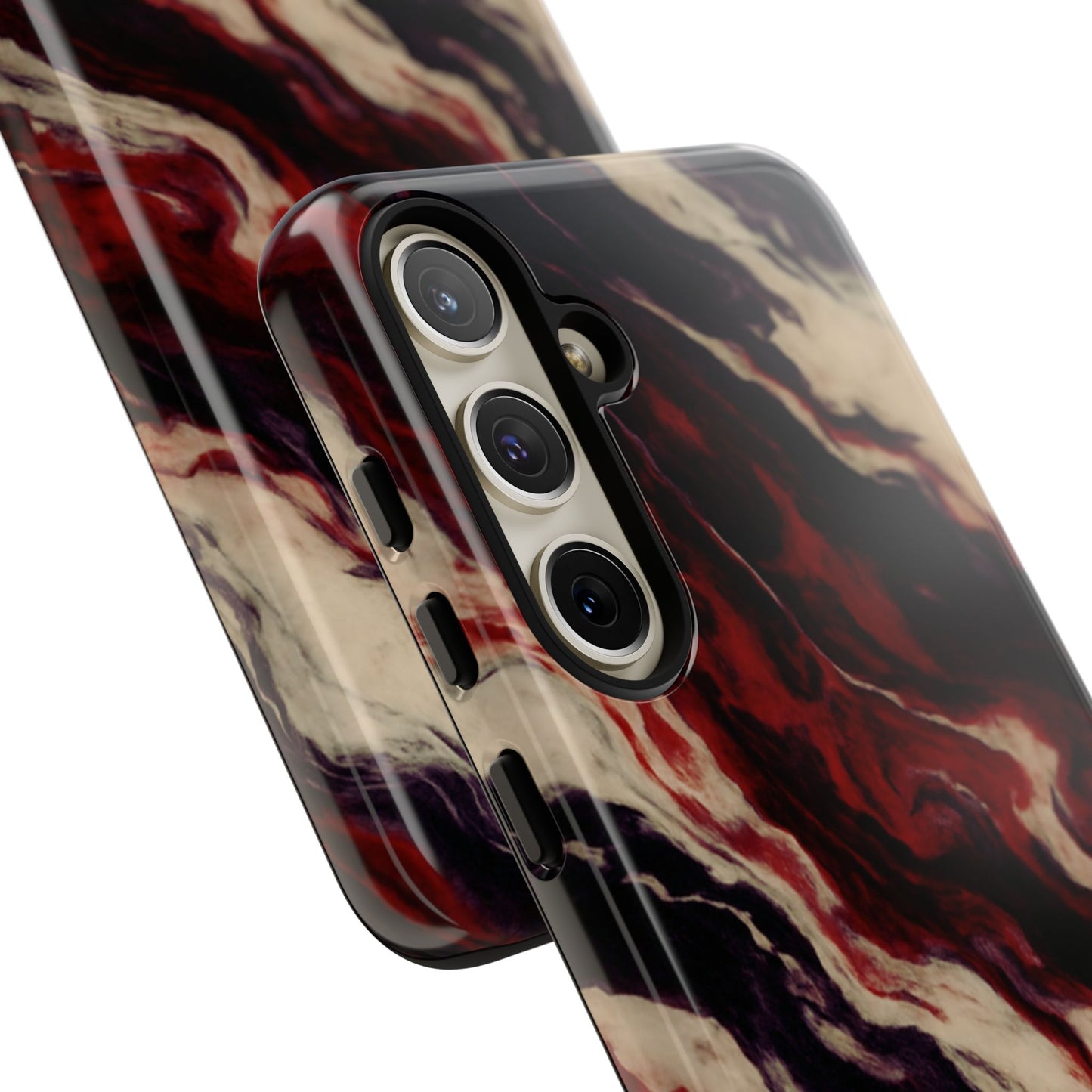NecroGrip “Fascia” impact-resistant phone case with red, bone, and black marbled streaks, abstract muscle-like pattern on a slim dual-layer shell.