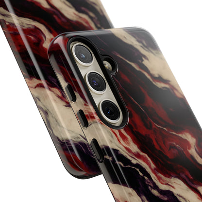 NecroGrip “Fascia” impact-resistant phone case with red, bone, and black marbled streaks, abstract muscle-like pattern on a slim dual-layer shell.