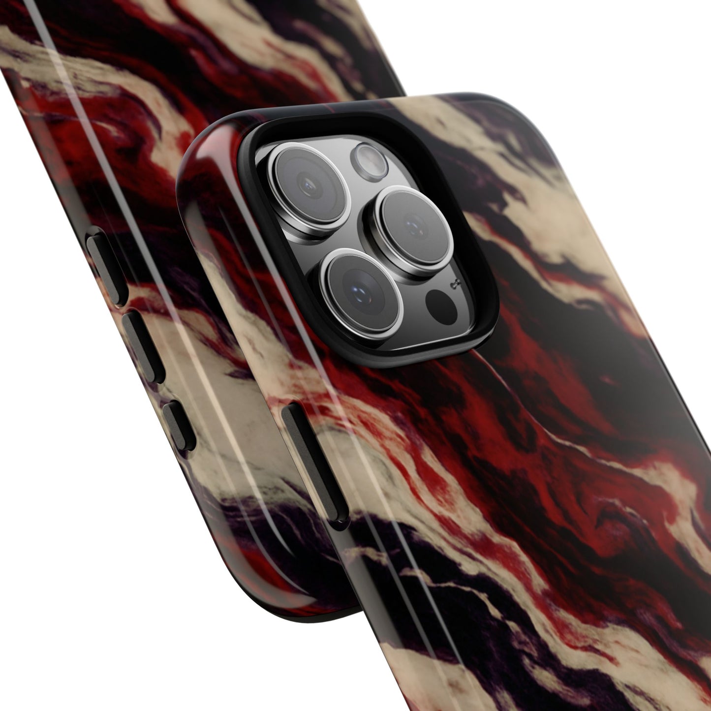 NecroGrip “Fascia” impact-resistant phone case with red, bone, and black marbled streaks, abstract muscle-like pattern on a slim dual-layer shell.
