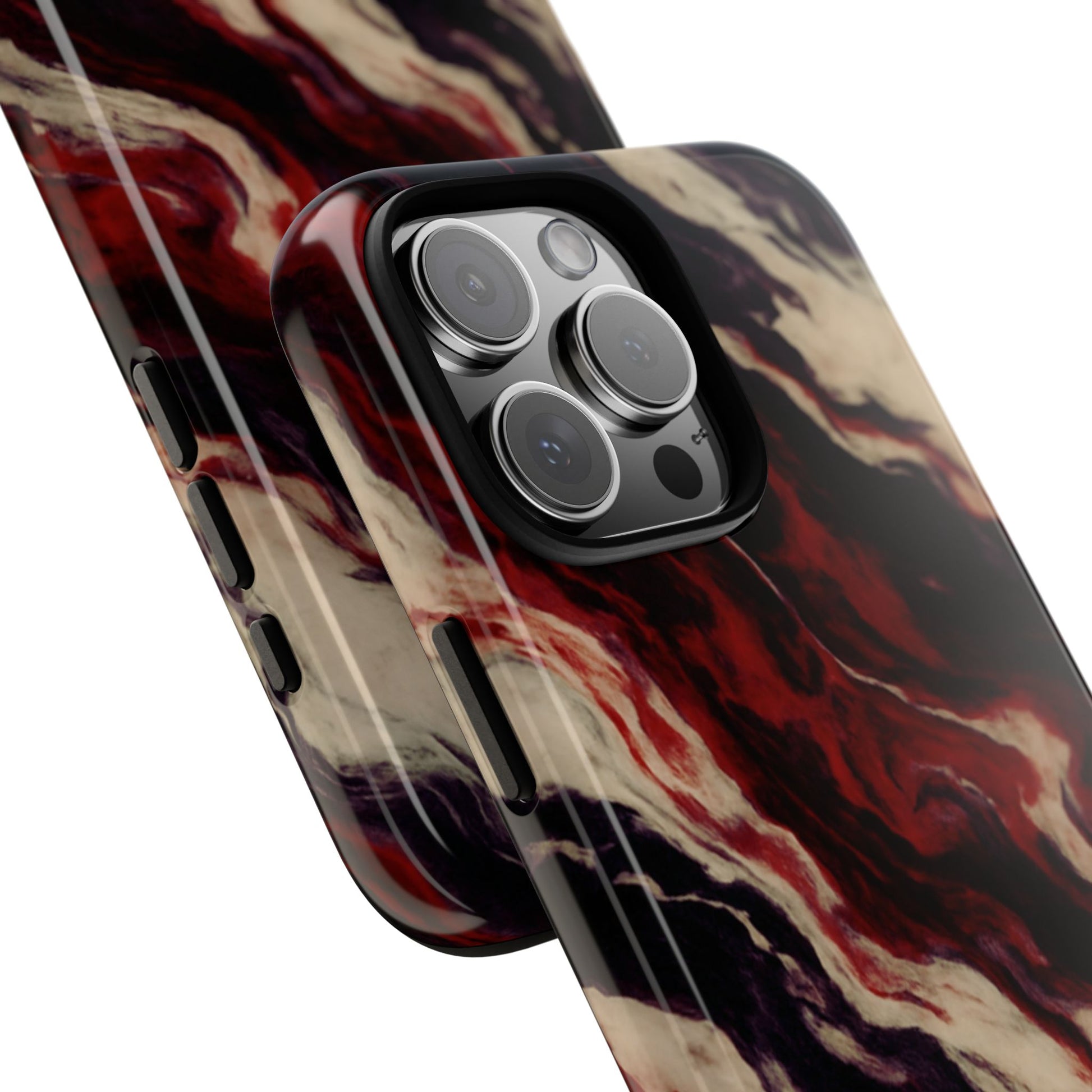 NecroGrip “Fascia” impact-resistant phone case with red, bone, and black marbled streaks, abstract muscle-like pattern on a slim dual-layer shell.