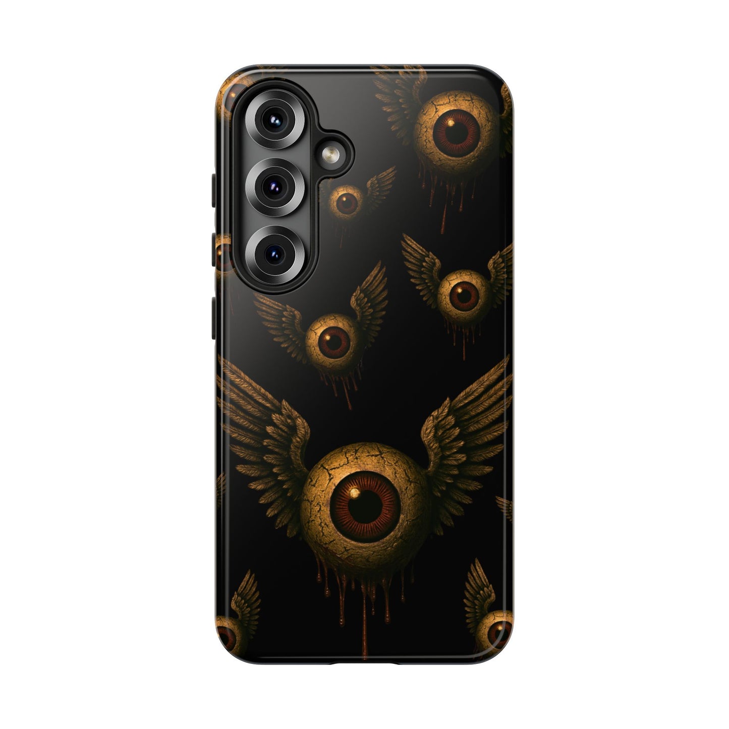Black phone case with multiple cracked eyeballs with wings, dripping in rust, flying across a dark void.