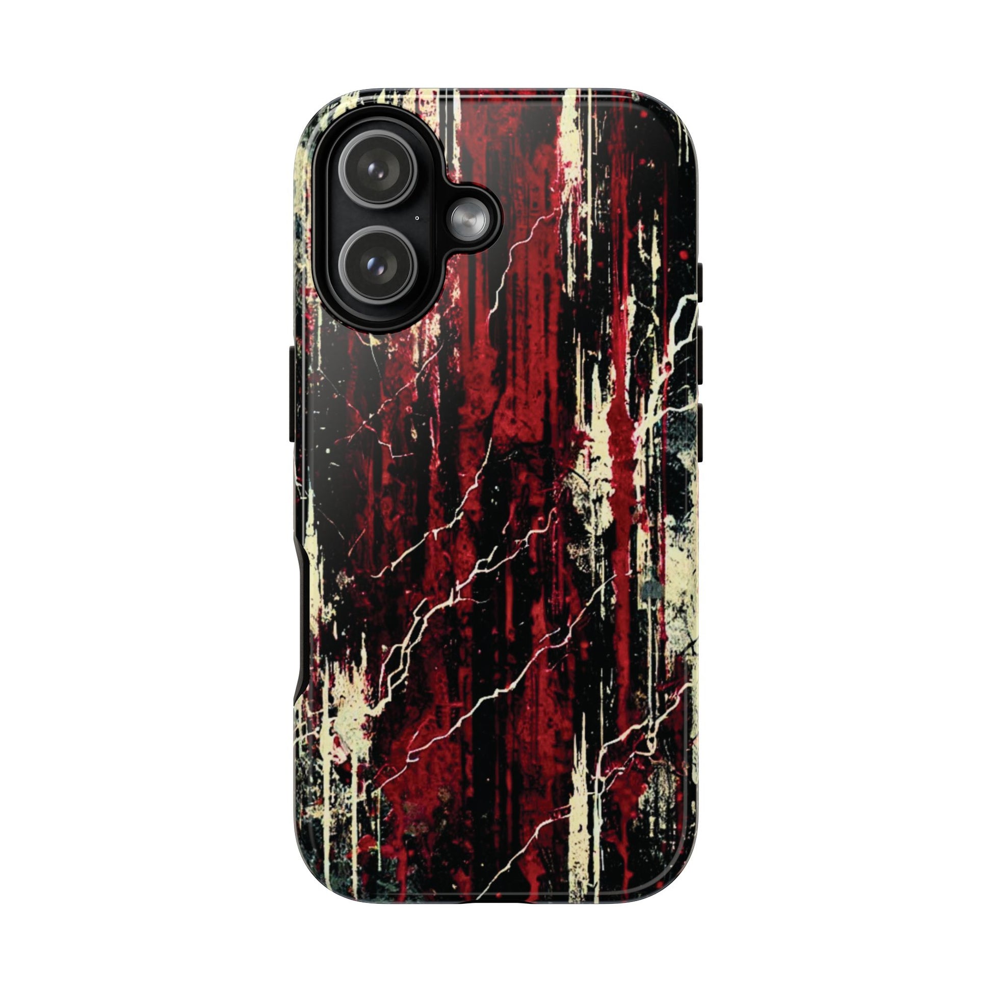 Corrosive impact-resistant phone case with distressed red, black, and bone-white design for iPhone, Samsung, and Google Pixel by NecroGrip.