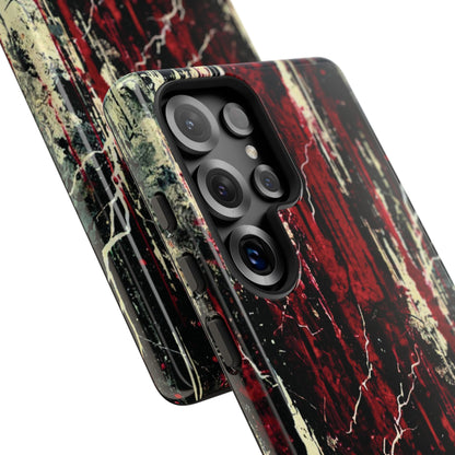 Corrosive impact-resistant phone case with distressed red, black, and bone-white design for iPhone, Samsung, and Google Pixel by NecroGrip.
