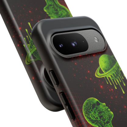 Glowing green anatomical bust gazing up at a dripping Saturn-like planet over a red grid and star-speckled space background on a black phone case.