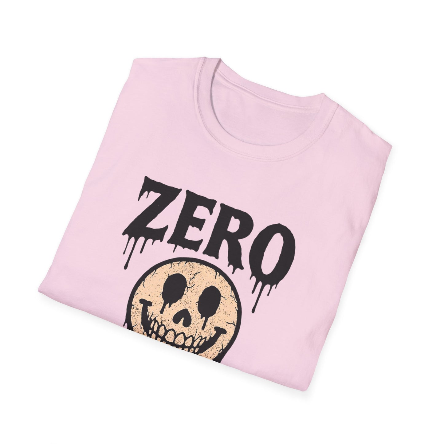 Zero Vibes Only pink Softstyle tee with decayed smiley face artwork