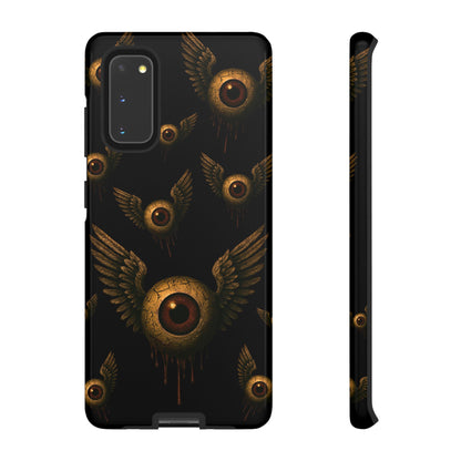Black phone case with multiple cracked eyeballs with wings, dripping in rust, flying across a dark void.
