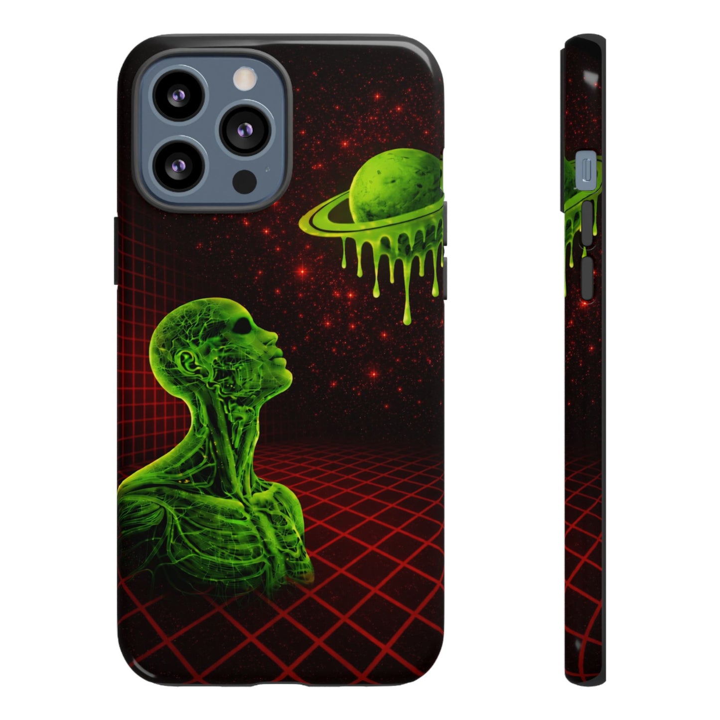 Glowing green anatomical bust gazing up at a dripping Saturn-like planet over a red grid and star-speckled space background on a black phone case.