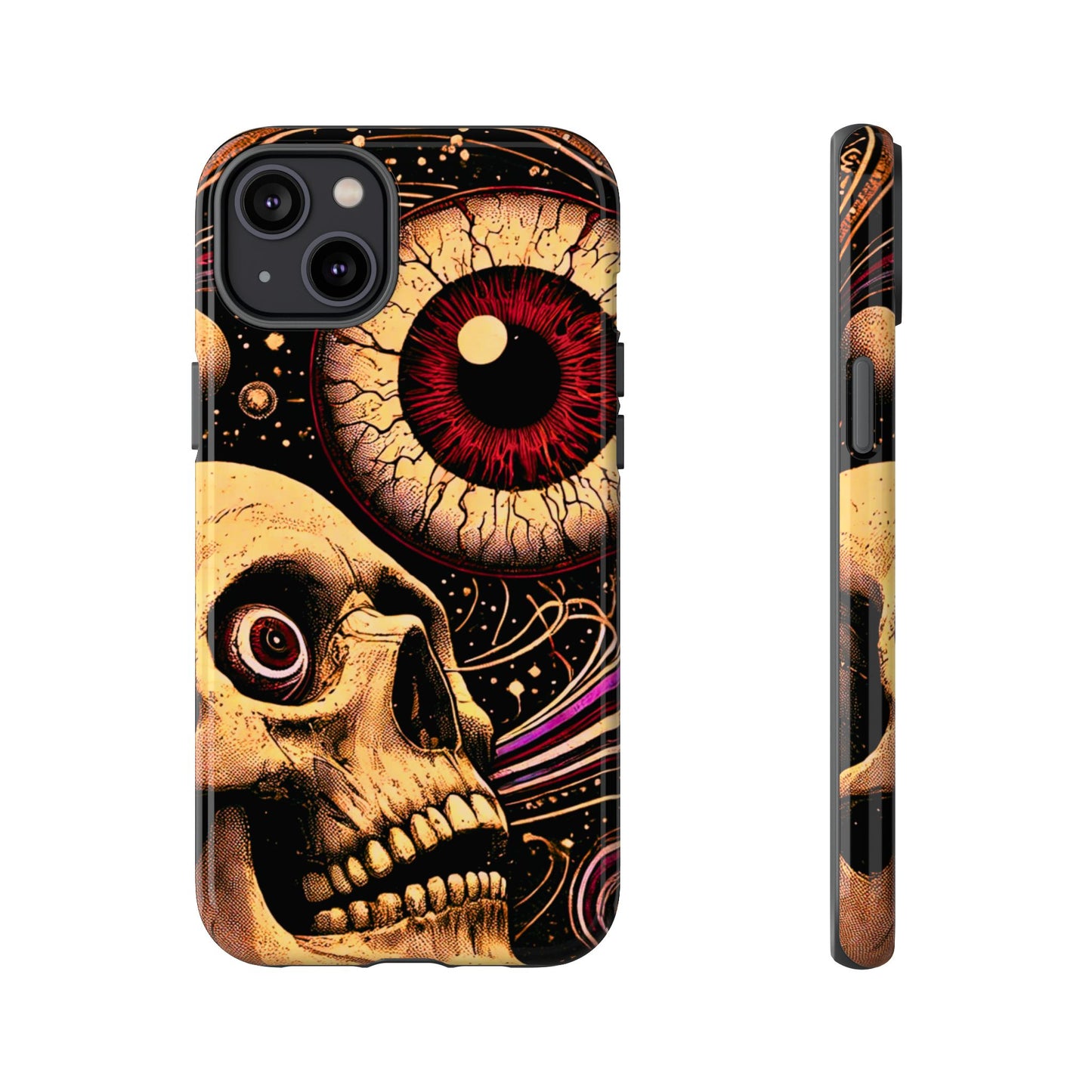 Impact-resistant tough phone case featuring a dark cosmic skull and eye design on a durable dual-layer shell by NecroGrip.
