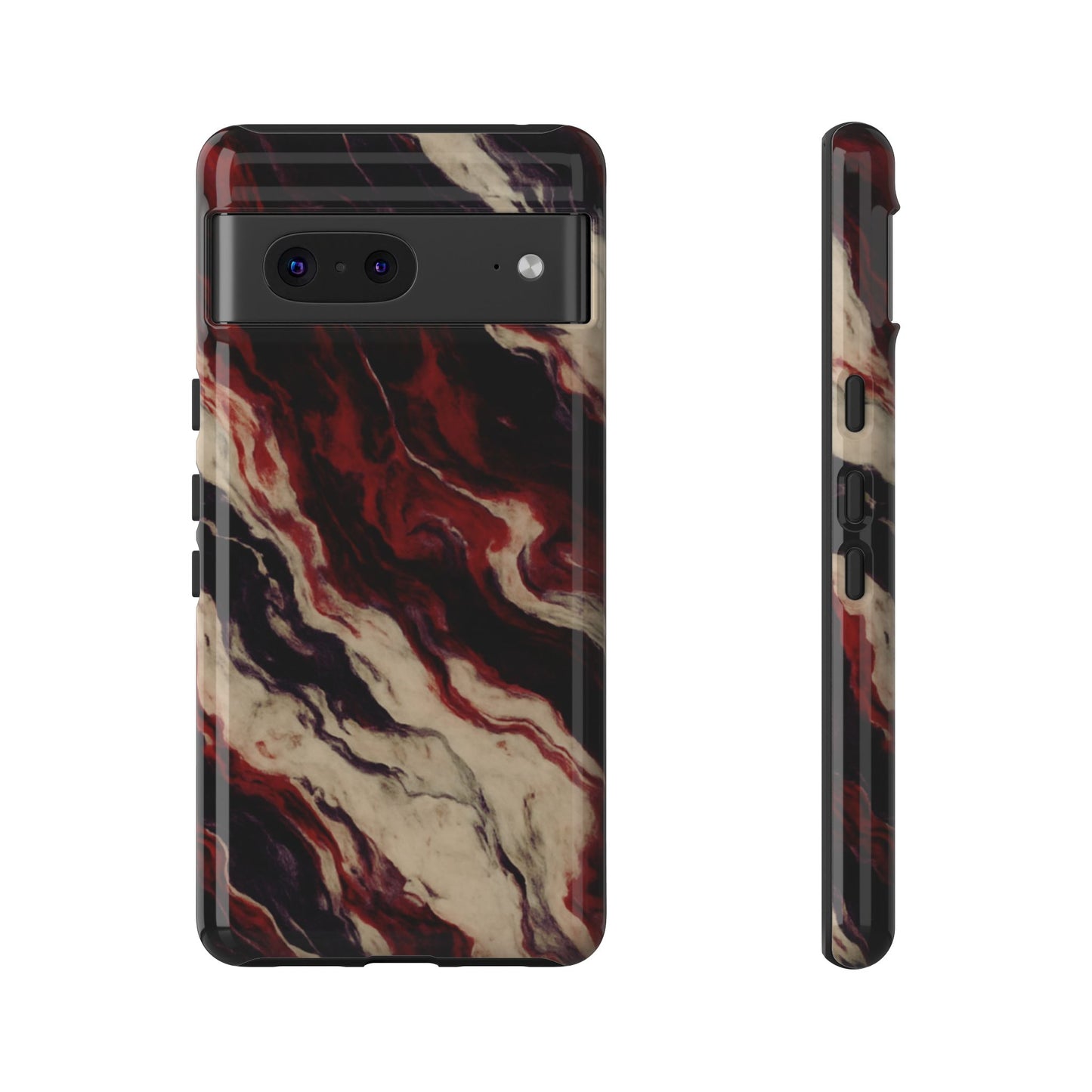 NecroGrip “Fascia” impact-resistant phone case with red, bone, and black marbled streaks, abstract muscle-like pattern on a slim dual-layer shell.