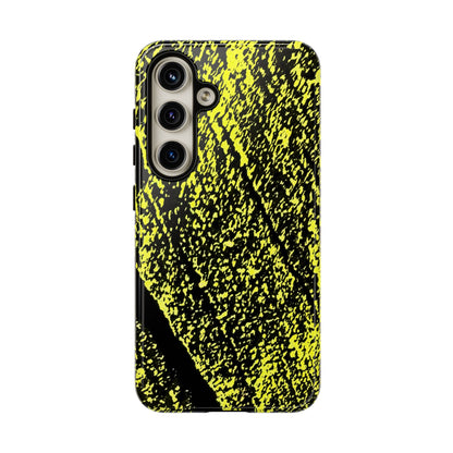 A protective phone case featuring a high-contrast black and neon yellow abstract textured pattern, shown on a plain white background.