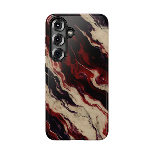 NecroGrip “Fascia” impact-resistant phone case with red, bone, and black marbled streaks, abstract muscle-like pattern on a slim dual-layer shell.