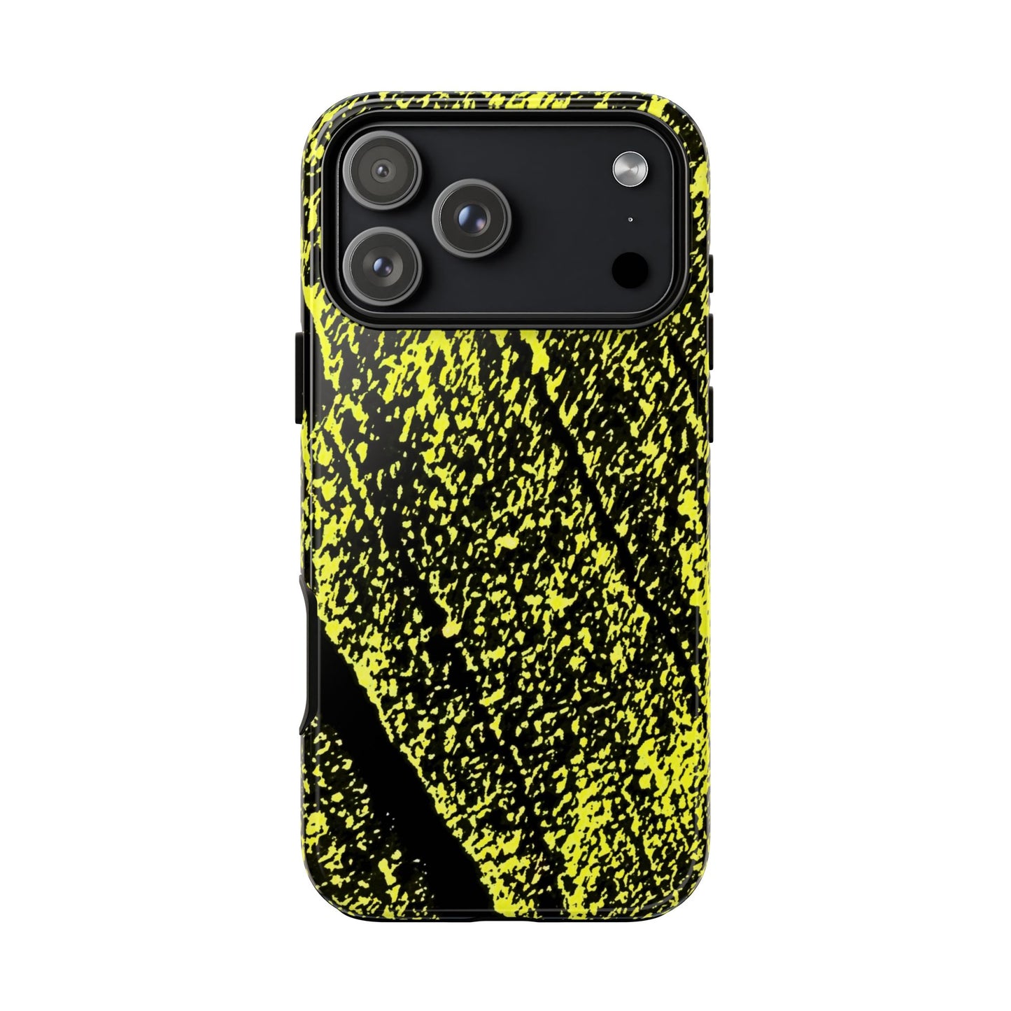 Bloom to Consume protective phone case featuring a black and toxic yellow organic decay pattern.