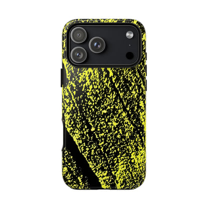 Bloom to Consume protective phone case featuring a black and toxic yellow organic decay pattern.