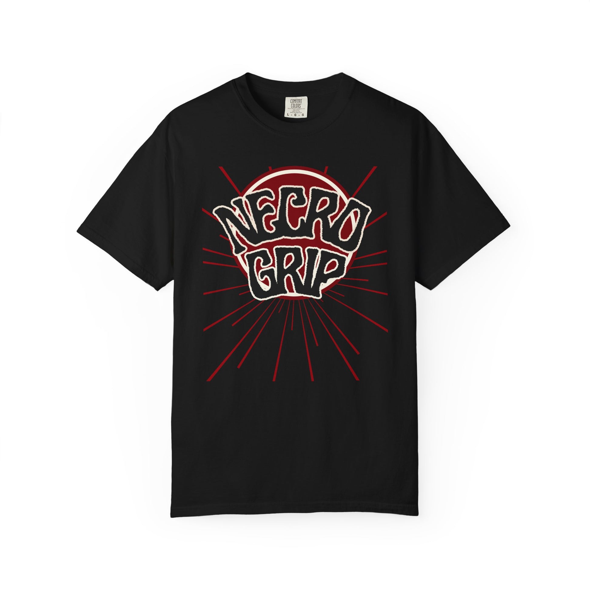 Black Comfort Colors NECRO BURST t-shirt with red eclipse NecroGrip logo and radiating crimson lines, flat front product mockup on plain background.