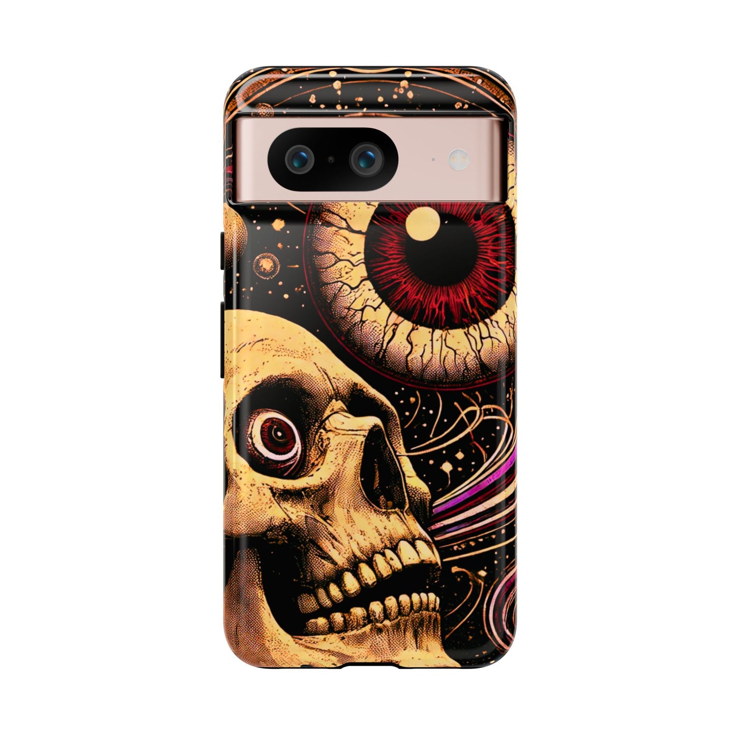 Impact-resistant tough phone case featuring a dark cosmic skull and eye design on a durable dual-layer shell by NecroGrip.