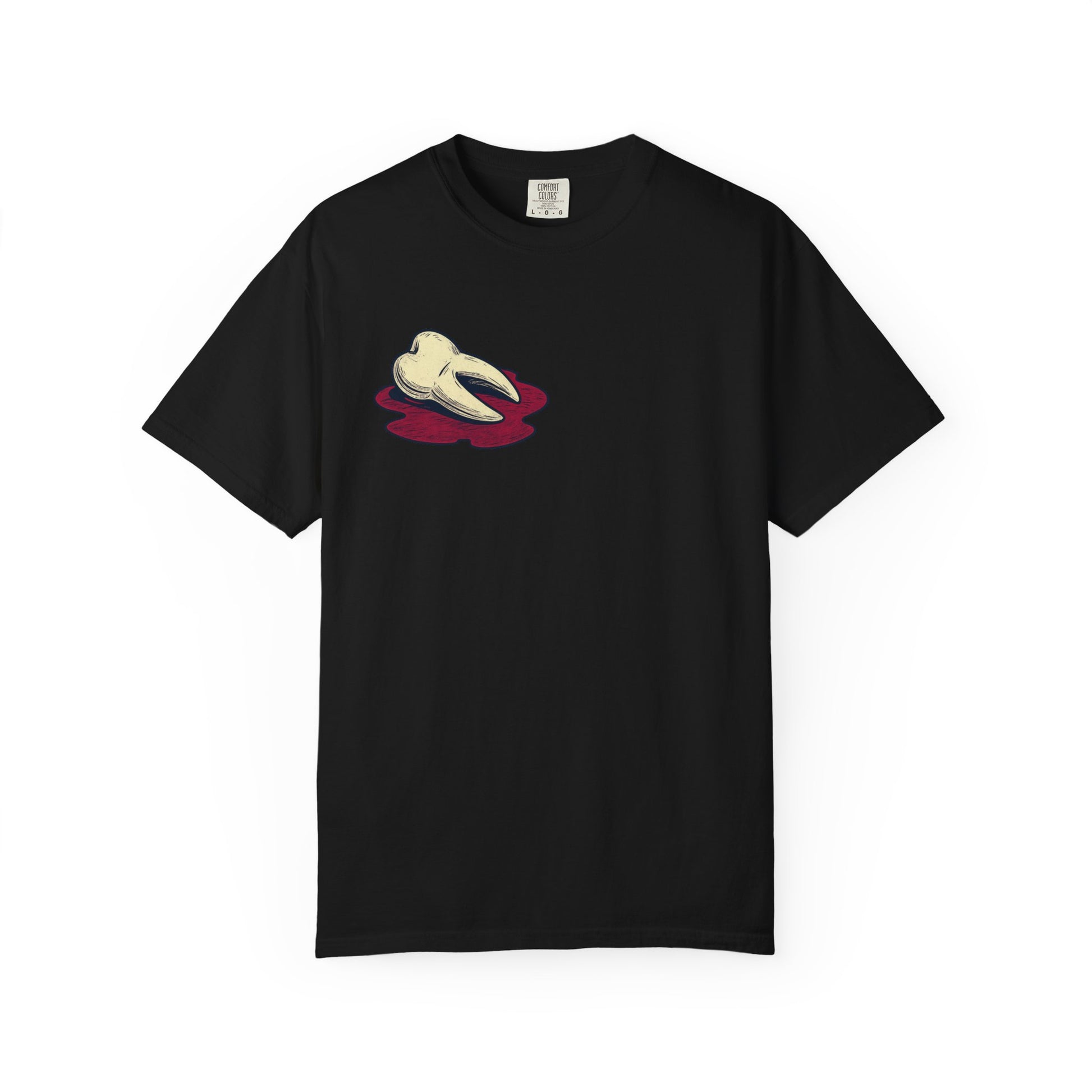 Black Comfort Colors t-shirt featuring the EXTRACTED design, a distressed tooth illustration over a dark crimson pool, centered on the chest.