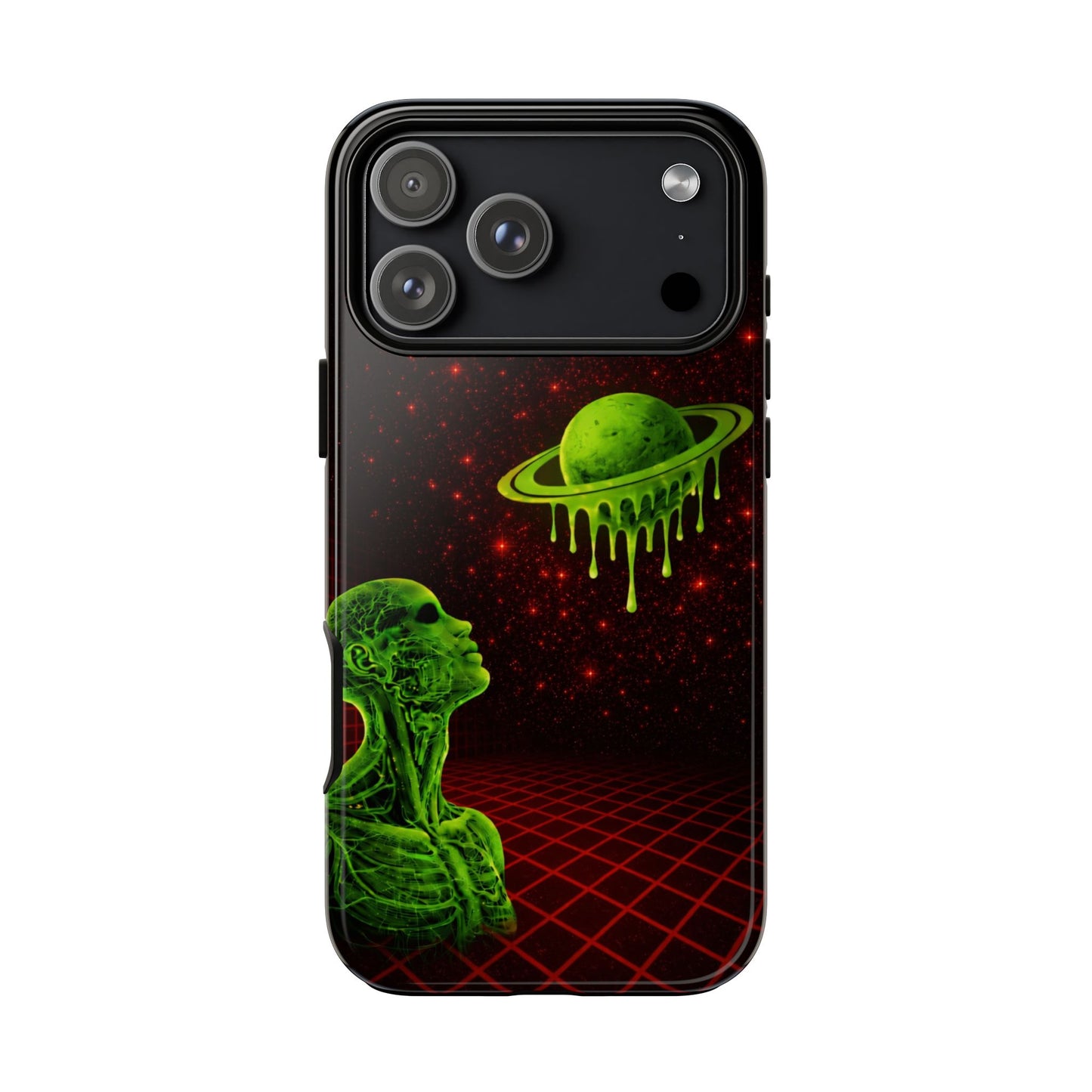 Glowing green anatomical bust gazing up at a dripping Saturn-like planet over a red grid and star-speckled space background on a black phone case.