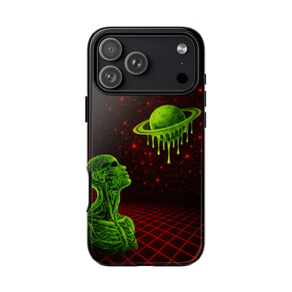 Glowing green anatomical bust gazing up at a dripping Saturn-like planet over a red grid and star-speckled space background on a black phone case.