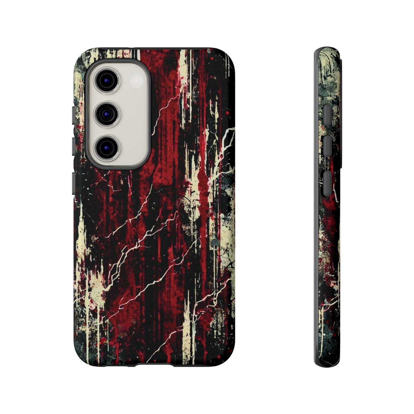 Corrosive impact-resistant phone case with distressed red, black, and bone-white design for iPhone, Samsung, and Google Pixel by NecroGrip.
