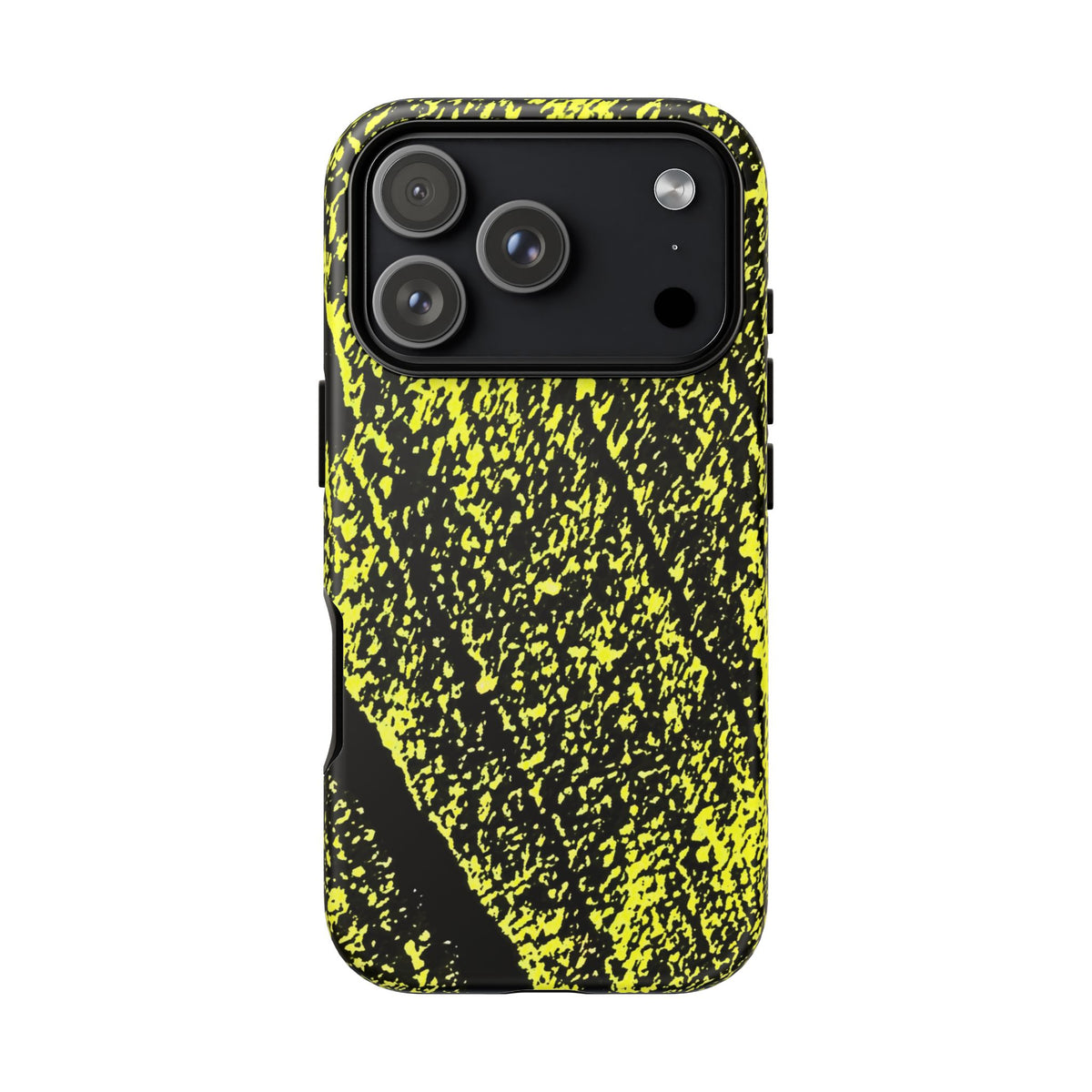 Bloom to Consume protective phone case featuring a black and toxic yellow organic decay pattern.