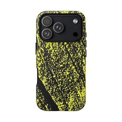 Bloom to Consume protective phone case featuring a black and toxic yellow organic decay pattern.