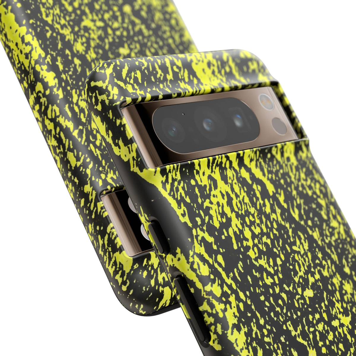 Close-up of a smartphone case with a black and neon yellow splatter pattern, fitted on a phone, shown against a plain white background.