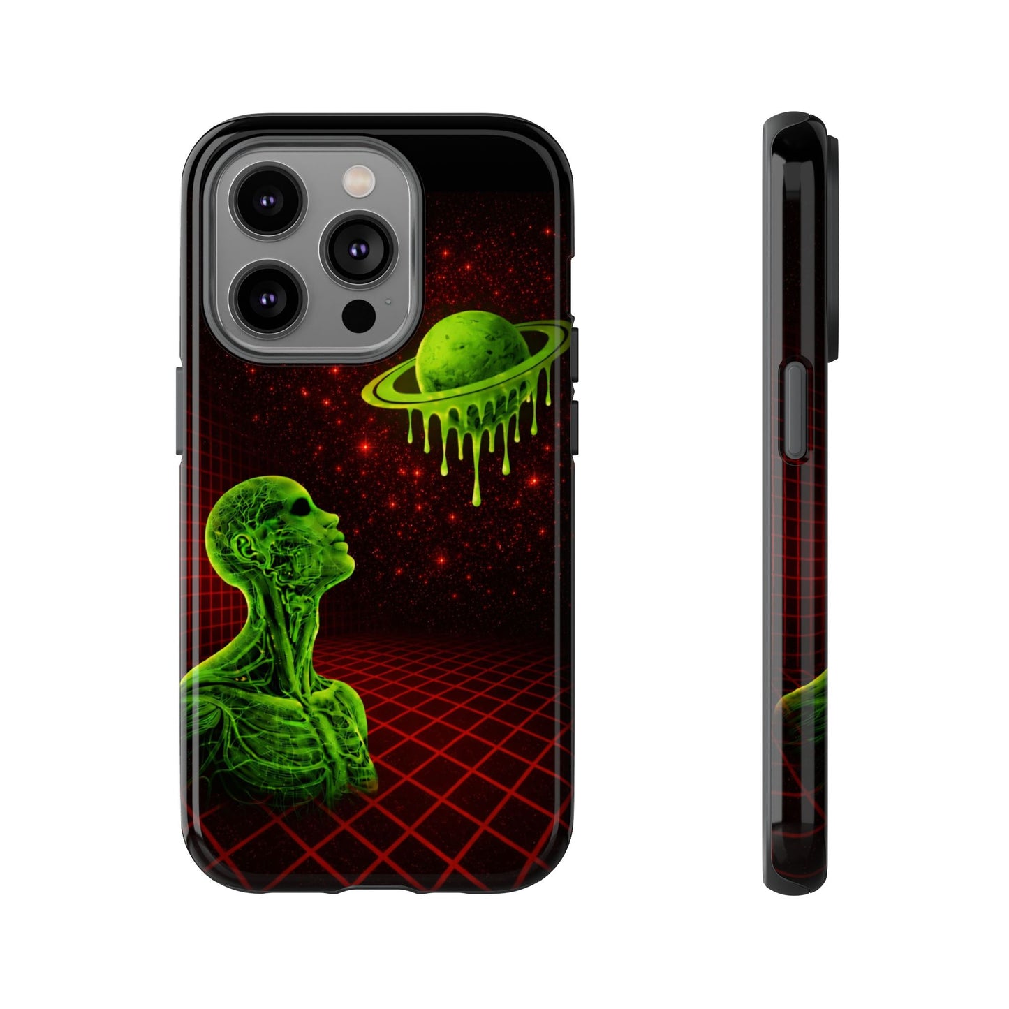 Glowing green anatomical bust gazing up at a dripping Saturn-like planet over a red grid and star-speckled space background on a black phone case.