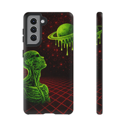 Glowing green anatomical bust gazing up at a dripping Saturn-like planet over a red grid and star-speckled space background on a black phone case.