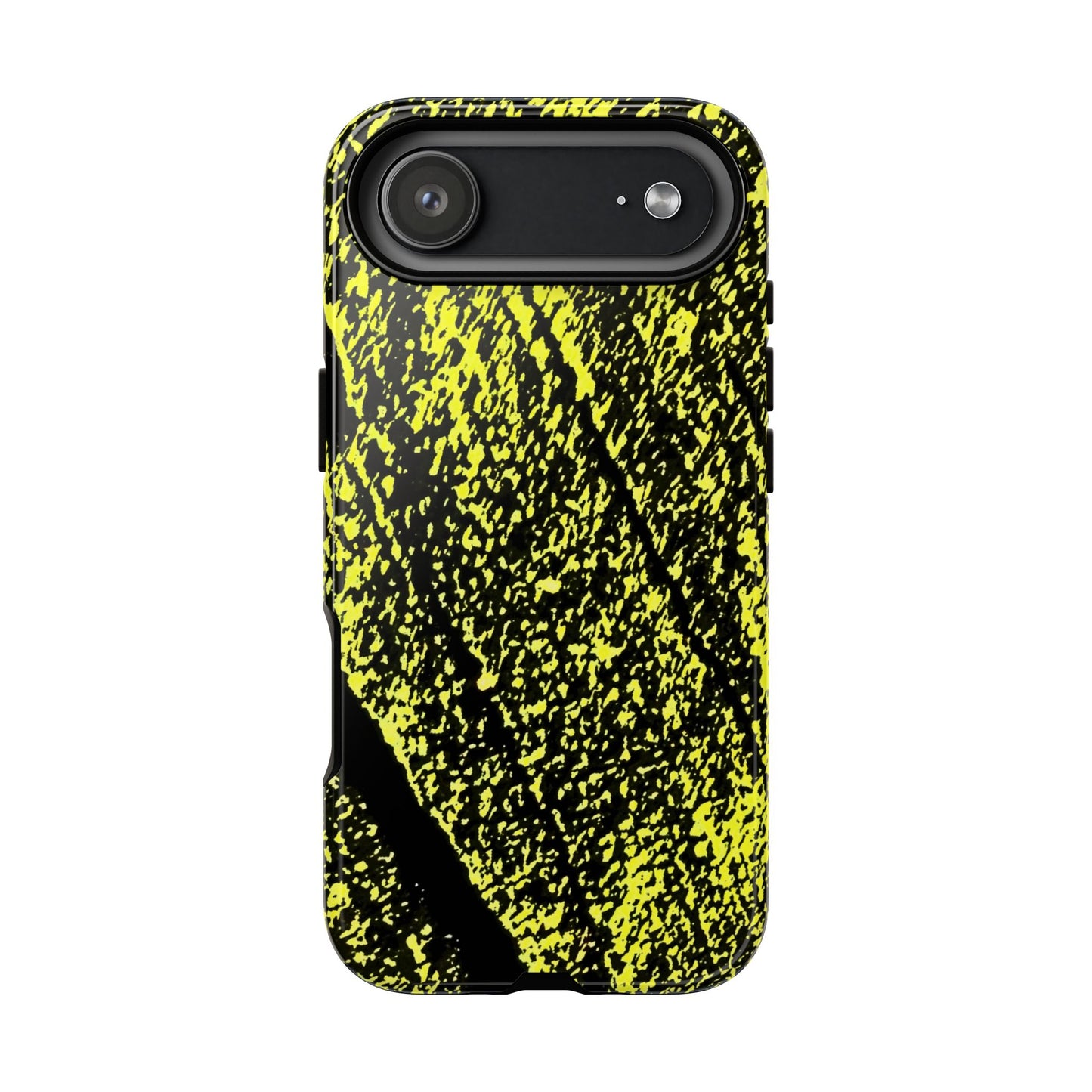 Bloom to Consume protective phone case featuring a black and toxic yellow organic decay pattern.