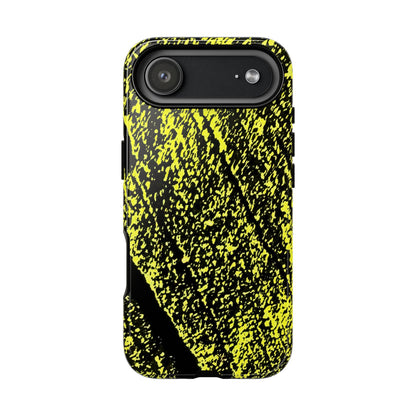 Bloom to Consume protective phone case featuring a black and toxic yellow organic decay pattern.
