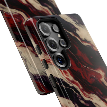 NecroGrip “Fascia” impact-resistant phone case with red, bone, and black marbled streaks, abstract muscle-like pattern on a slim dual-layer shell.