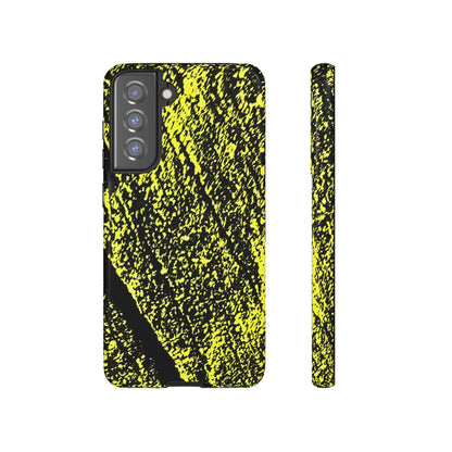 Bloom to Consume protective phone case featuring a black and toxic yellow organic decay pattern.