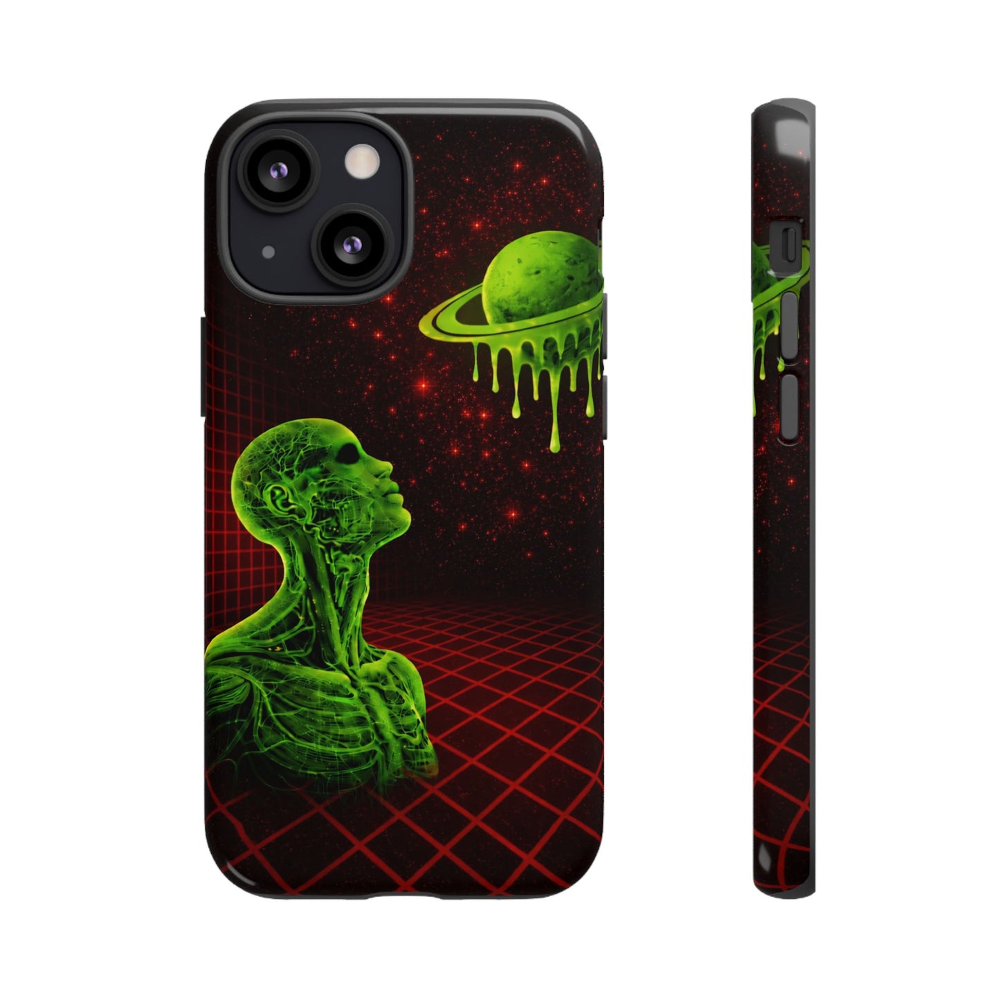 Glowing green anatomical bust gazing up at a dripping Saturn-like planet over a red grid and star-speckled space background on a black phone case.