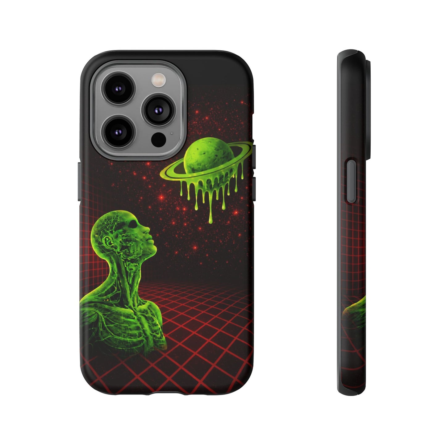 Glowing green anatomical bust gazing up at a dripping Saturn-like planet over a red grid and star-speckled space background on a black phone case.