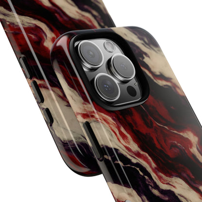 NecroGrip “Fascia” impact-resistant phone case with red, bone, and black marbled streaks, abstract muscle-like pattern on a slim dual-layer shell.