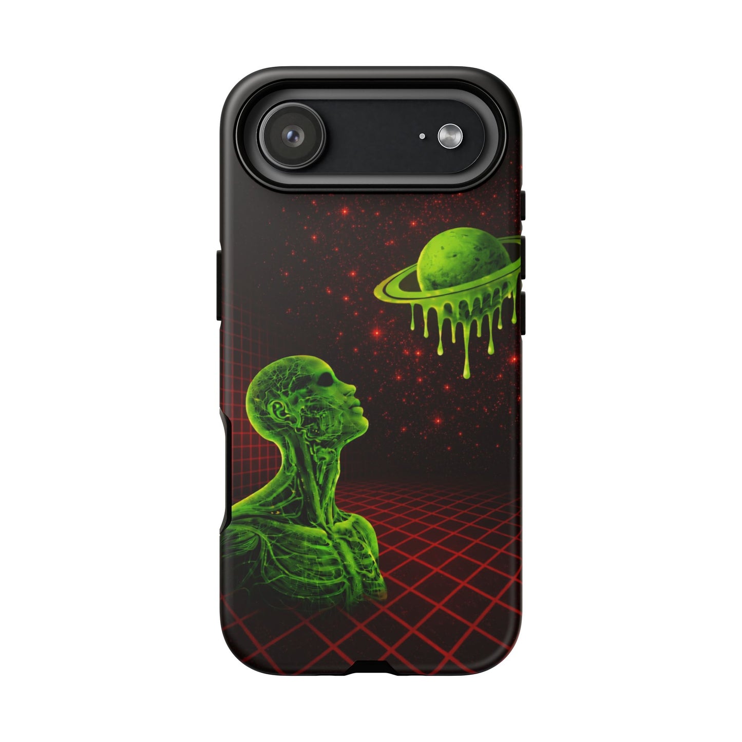 Glowing green anatomical bust gazing up at a dripping Saturn-like planet over a red grid and star-speckled space background on a black phone case.