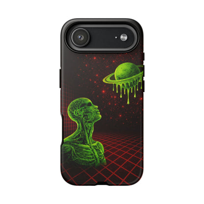 Glowing green anatomical bust gazing up at a dripping Saturn-like planet over a red grid and star-speckled space background on a black phone case.