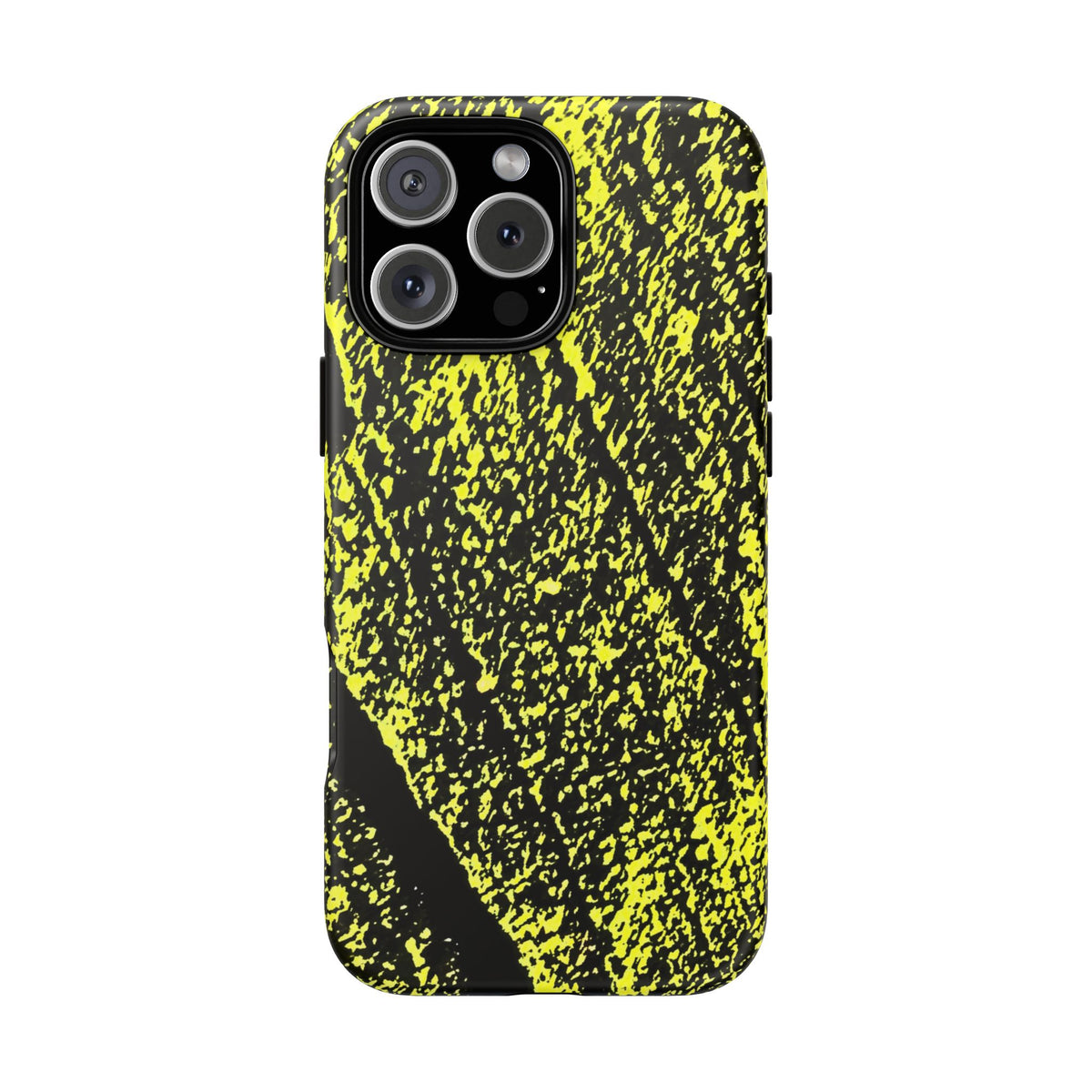 Bloom to Consume protective phone case featuring a black and toxic yellow organic decay pattern.